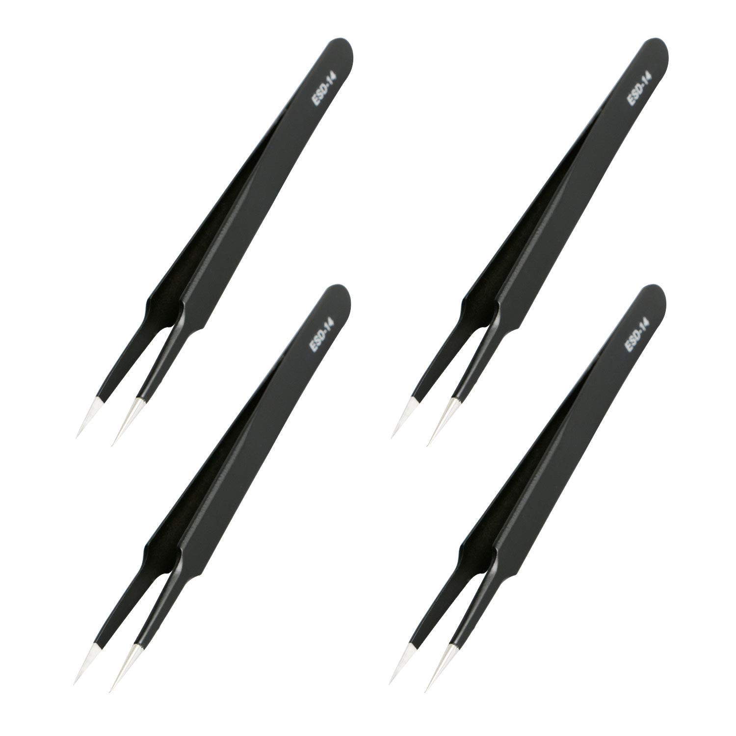 Aoje-Link ESD-14 Professional Anti-Static Precision Technology Tweezers, Non-Magnetic Tip Straight, Stainless Steel Plastic Coated, Full Length 120mm, Black, 4pcs