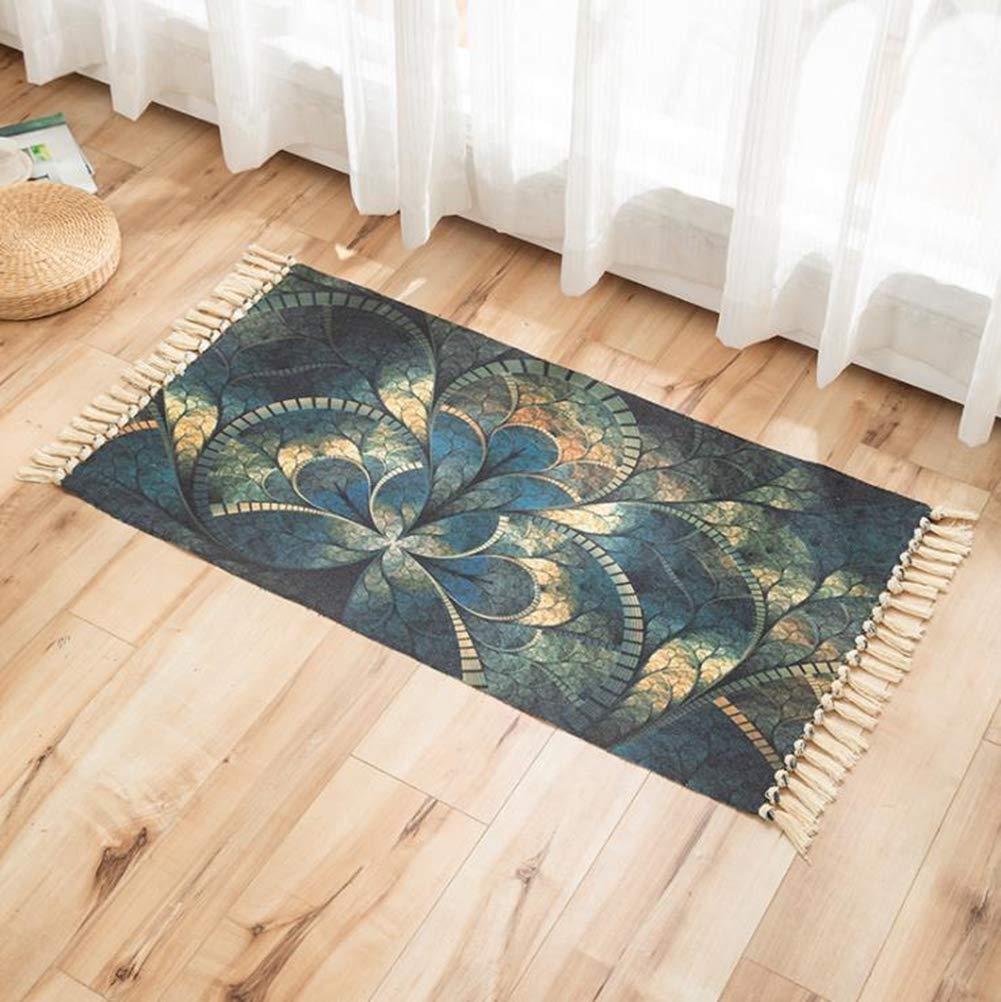 EmyTock Carpet,Vintage Cotton Area Rug,Hand Woven Print Tassels Throw Rugs Door Mat,Indoor White Area Rugs for Living Room, Bathroom, Bedroom 60cm x 110cm