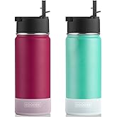 koodee Water Bottle with Straw 2 Pack-18 oz Stainless Steel Insulated Water Bottle BPA Free (Fuchsia Red-Teal)