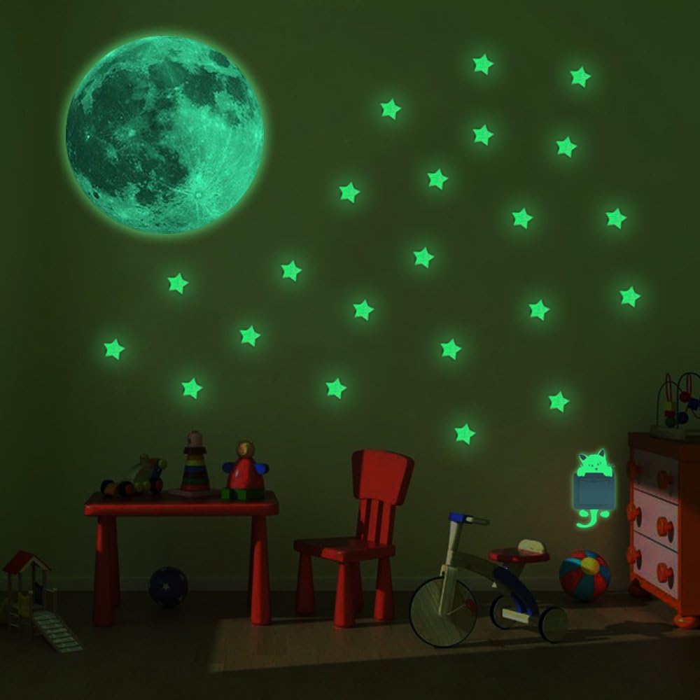 TISHCARE Glow in the Dark Stars, Moon and Kitty Set; 100 Stars, 1 Big Moon, 1 Kitty; Apply Easily with Self Adhesive; Firm Grip; Soft Glow; Ideal for Ceiling, Room Wall, Party Decorations