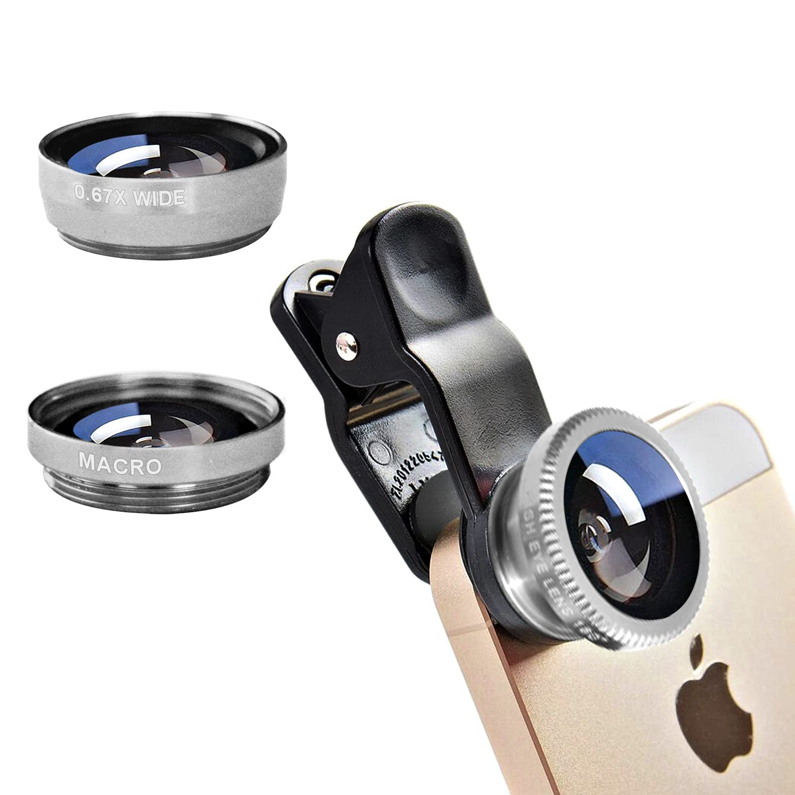 Photo 1 of Silver 3 in 1 Cell Phone Camera Lens Kit Wide Angle Macro Fisheye Lens Universal for Smart Phones iPhone Samsung Android(Silver)