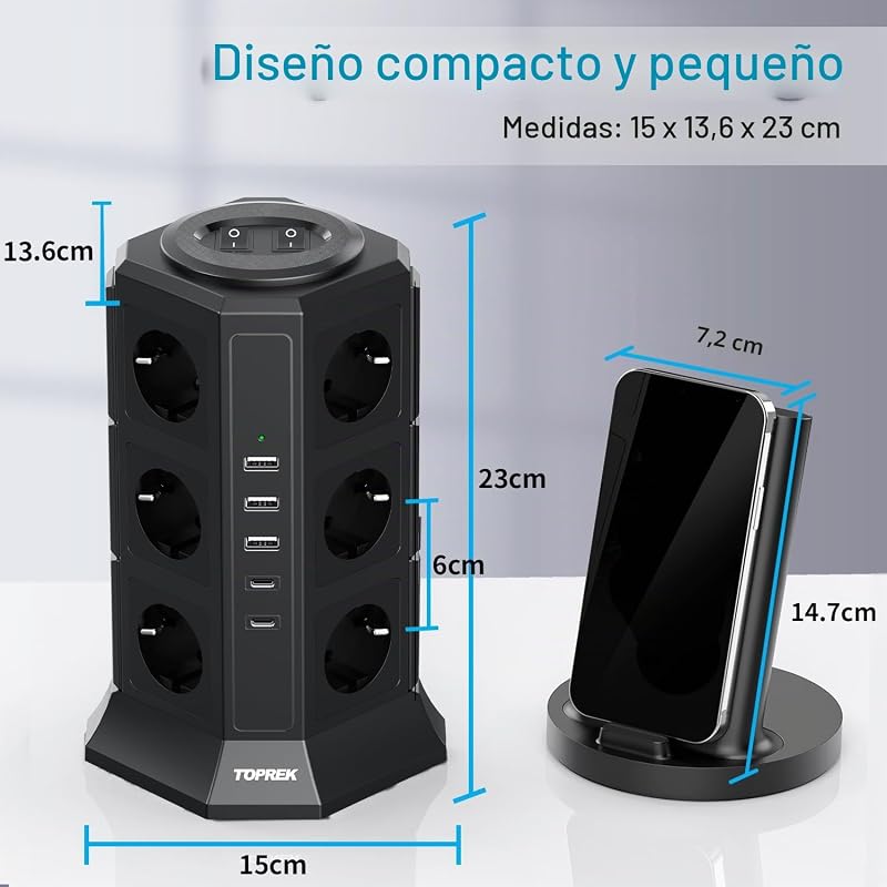 Regletas Enchufes Vertical con 2 Interruptor, 12 Schuko, 2 USB C y 3 USB A, 4000W/16A, Regleta Torre Enchufe con Cable 2M, Regleta Enchufes Proteccion Sobretension, Negro — foto 3 de 7