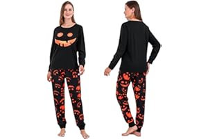 SAEWTINOR Womens PajamasSet Winter Sleepwear Loungewear Pumpkin Long Sleeve Glow in Dark Printing Crew Neck