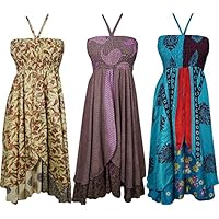 Mogul Interior Wholesale Lot Of 3 Pcs Womens Sundress Recycled Silk Sari Vintage Two Layer Exotic Hypnotic Halter Dress