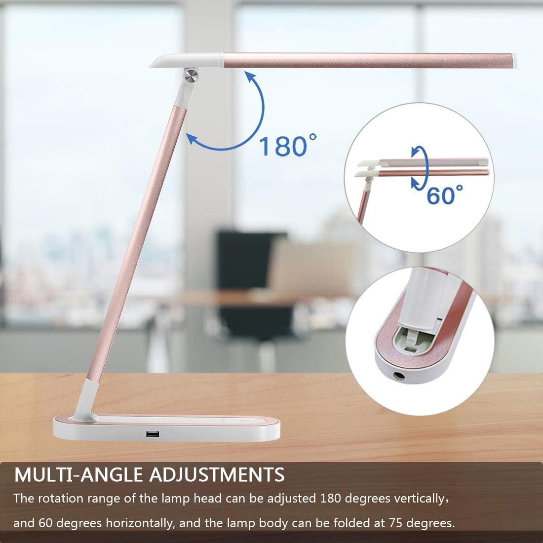 HDTIME Desk LED Lamp with USB Charging Port Touch-Sensitive Control 3 Lighting Modes with 3 Brightness Levels 32PCS LEDs for Study, Office and Home(Pink): Home Improvement
