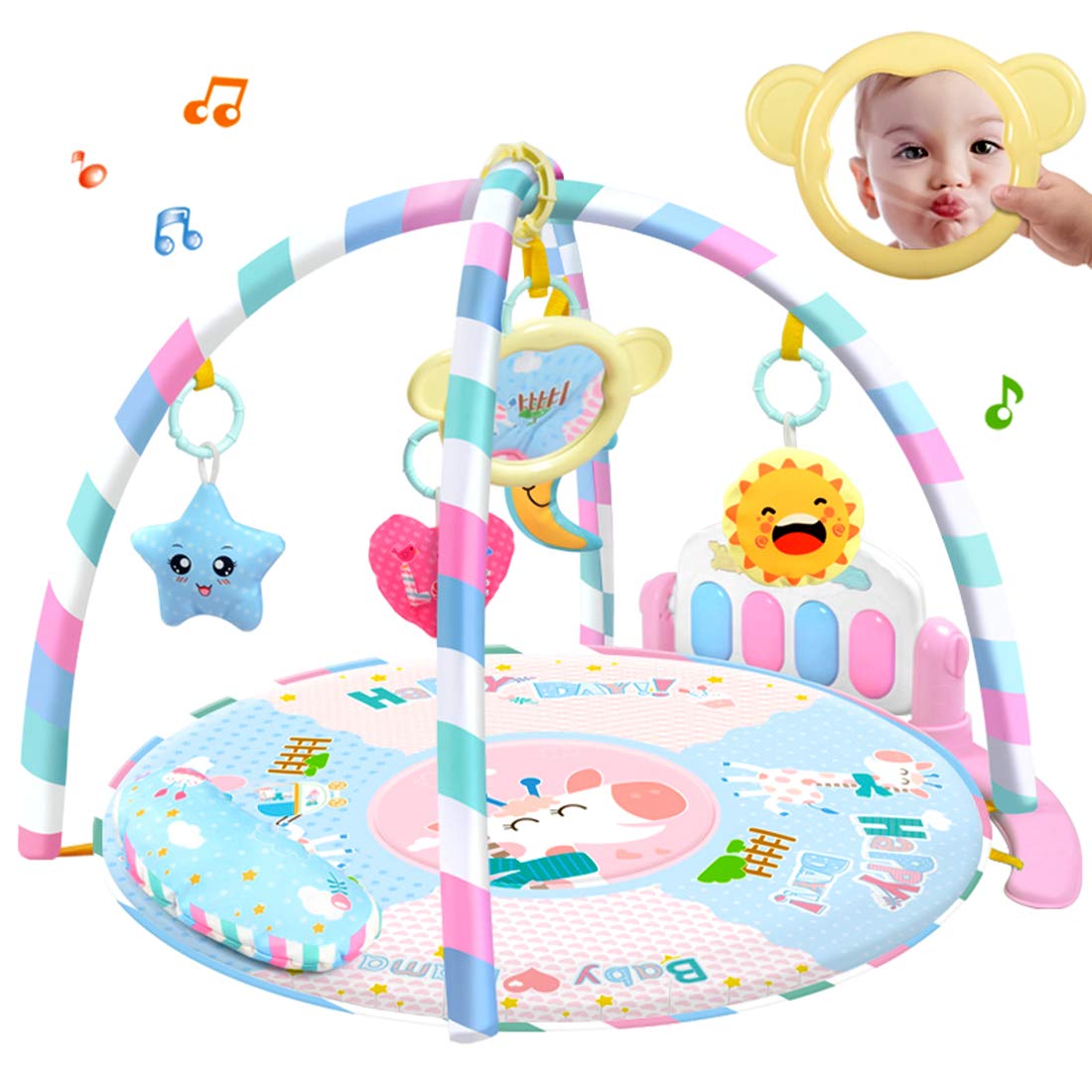 Tosbess Baby Gym Playmat Musical Activity Play Mat,Kick and Play Piano Gym, Soft Toys,Light Sound Play Mat Discovery Carpet for Infants (Pink)