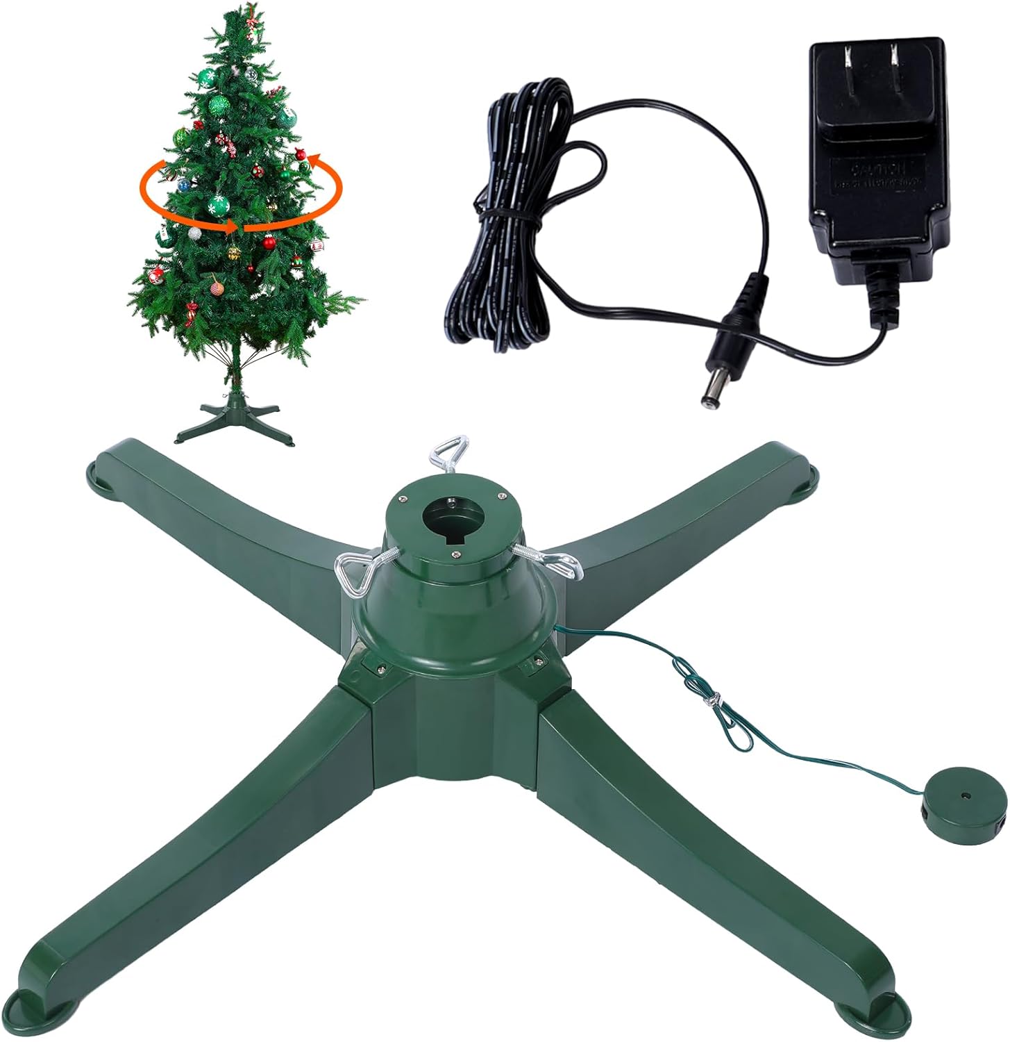 Tree Stands - Xuhal 360 Degree Rotating Christmas Tree Stand for Up to 7.5ft and 80 Pounds Trees Artificial Christmas Tree Stand Revolving Tree Spinner Stand Xmas Tree Base with Power Supply Adapter, Green
