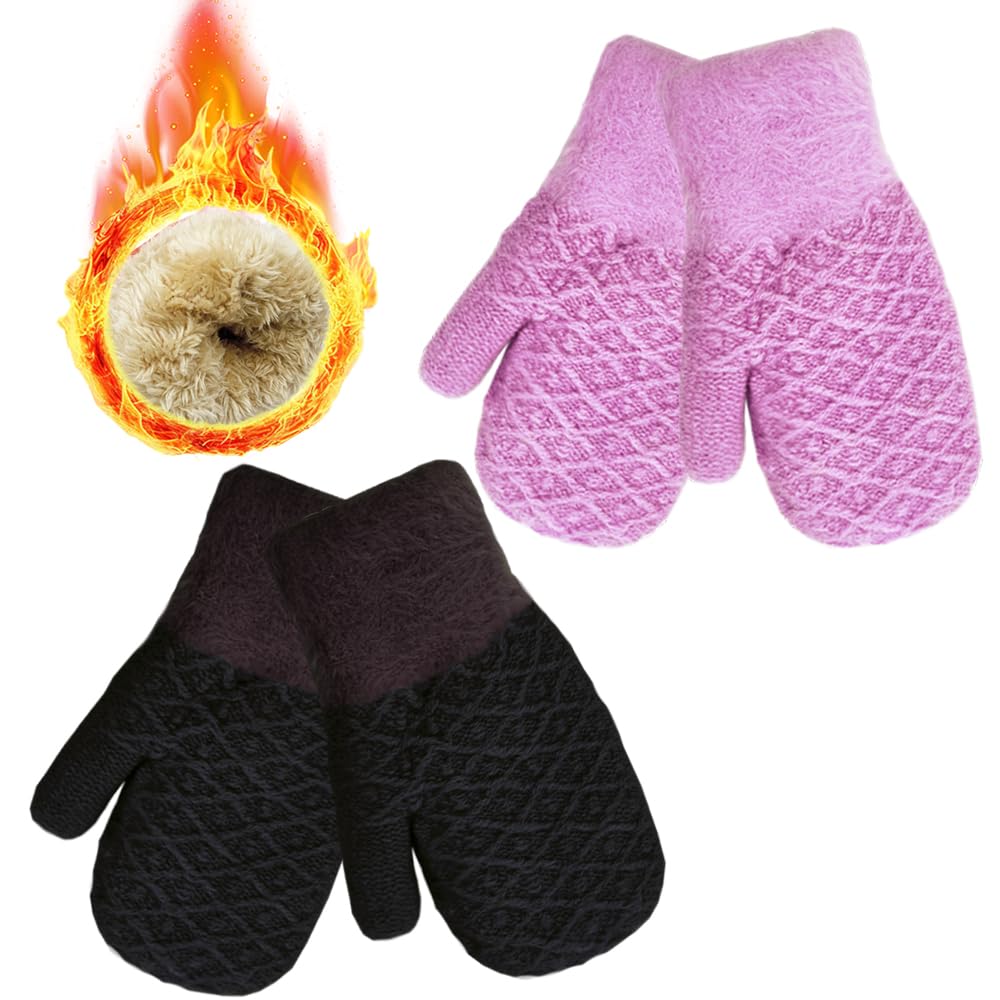 Photo 1 of 2 Pairs Kids Winter Mittens, Warm Thermal Thick Fleece Knitted Snow Gloves for Girls Boys 3-7 Years, Full Finger Gloves for Cold Weather (Purple+Black)