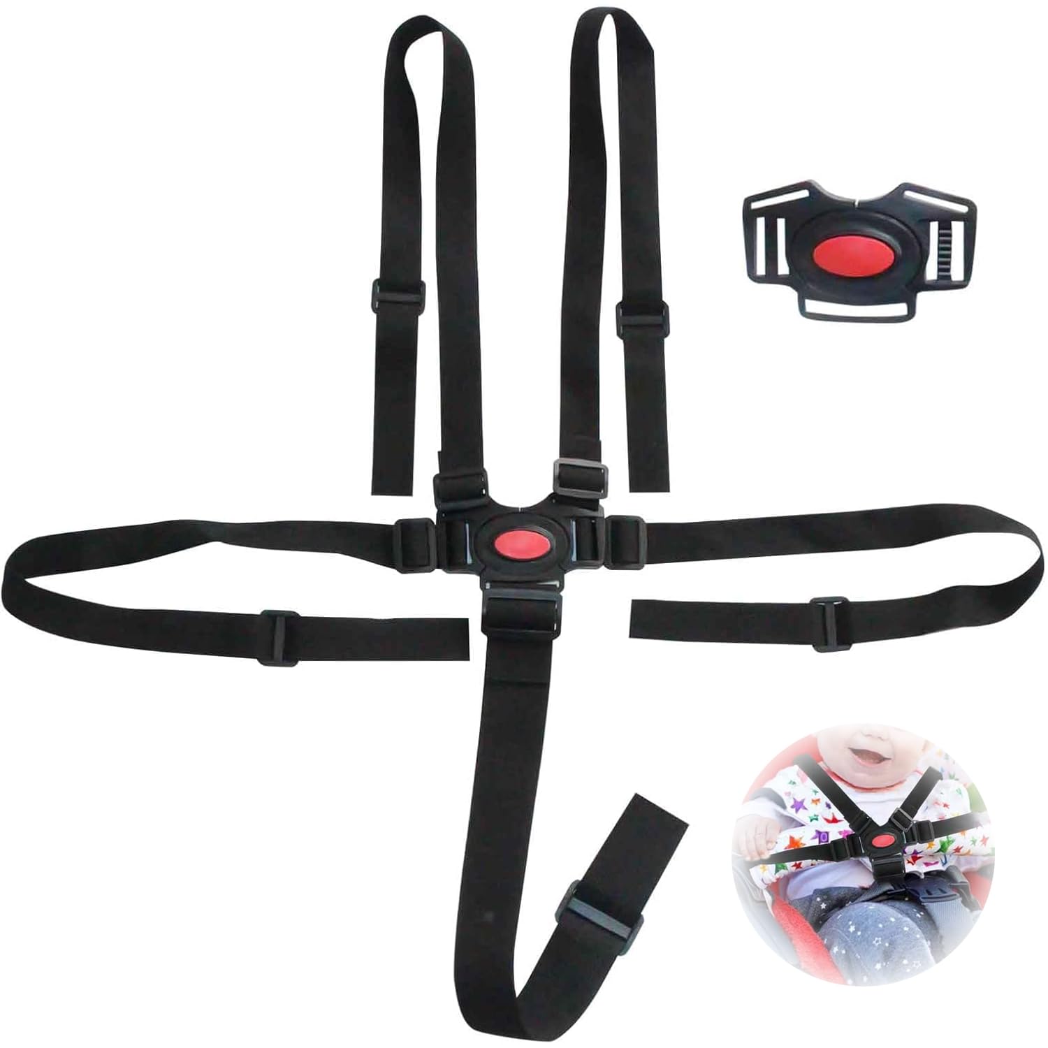 Baby High Chair Straps - Black Adjustable 5 Point Harness for Safety, Replacement Straps for Stroller, High Chair, Pram, Buggy, Children, Kid Pushchair