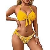 ShawGobow Sexy Push Up Bikini Sets for Women,Tie Halter Underwire Boho Swimsuit,2 Piece Cheeky Bathing Suit Beach Pool Party