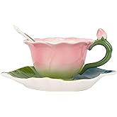 Philo Fun Pink Rose Floral Teacup and Saucer Set for Women, 5.6 Oz Enamel Porcelain Rose Flower Shaped Tea Cup with Spoon