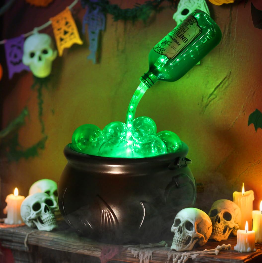 Photo 1 of JEGERMIG LED Color Changing Water Flow Halloween Cauldron Light with Witches Magic Floating Potion Bottles Indoor Effect Spooky Decoration for Home Table,Room,Party