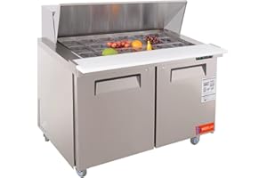 WESTLAKE 48" W 2 Door Refrigerator Sandwich & Salad Prep Table Commercial Mega Top Refrigerator Stainless Steel Counter Fan Cooling with 18 pans-48 Large Capacity Inches for Restaurant