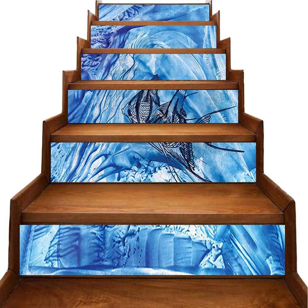 Stair Decal Stickers House Small Fish in Creepy Snow Cover Ice Crystal Labyrinth Aquatic Theme Self-Adhesive Kitchen Stickers for Furniture Refurbished, W39.3 x H7 inch