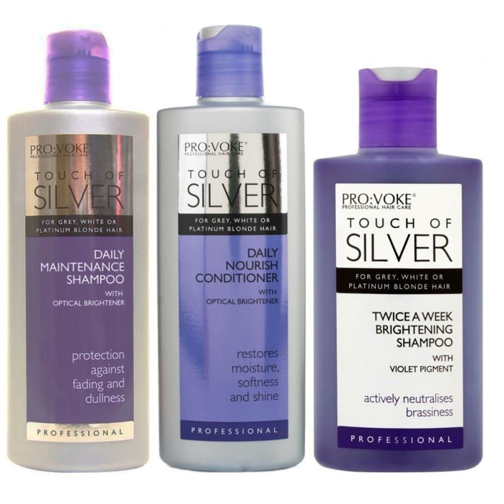 Set of 3 Touch Of Silver products: Silver Daily Maintenance shampoo, 200 ml, Daily Nourish conditioner, 200 ml, and Twice A Week Brightening shampoo, 150 ml, by ProVoke