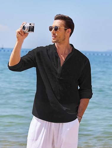 COOFANDY Henley T-shirt voor heren, katoen, linnen, casual, hippie, strand, lange mouwen, wit, M