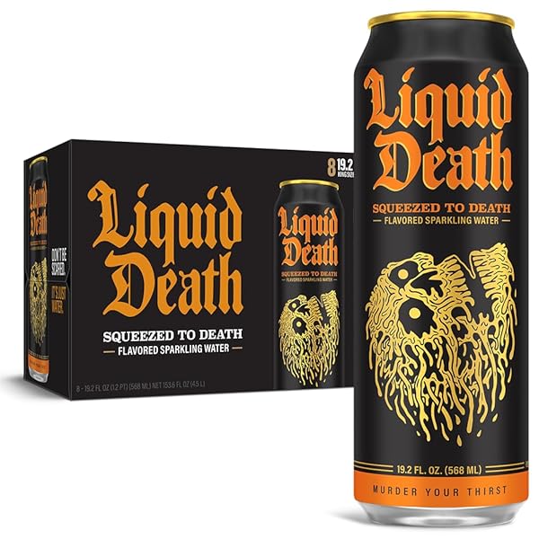 LIQUID DEATH, SQUEEZED TO DEATH, ORANGE-FLAVORED SPARKLING WATER, 8-PACK (19.2OZ CANS), LOW CALORIE & NO ARTIFICIAL SWEETENERS