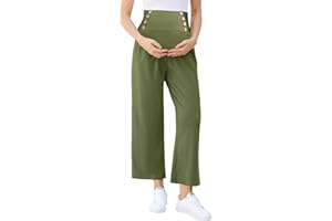FUNJULY Maternity Pants Women's Smocked High Waisted Double Breasted Wide Leg Long Trousers Pregnancy Loose Lounge Sweatpants