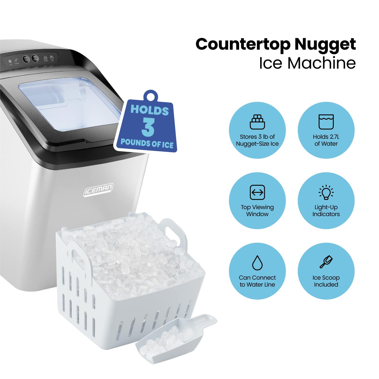 Iceman Countertop Nugget Ice Maker – Pebble Ice Machine, Soft Chewable Pellets in 20 Min, 26Lbs/24H, 3lb. Capacity, Waterline-Compatible, Self-Cleaning, Stainless-Steel + Scoop