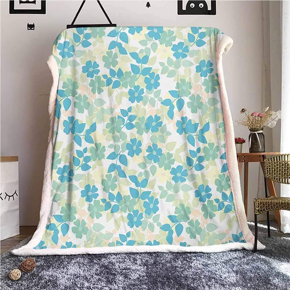 Cranekey Flower Sherpa King Blanket Flowers Leaves Vintage Style Classic Nostalgia Summertime Art TV Bed Blanket Comfy Cozy Fluffy Warm Almond Green Pale Yellow Blue W59xL47 inches