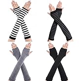 zmzdp 4 Pairs Punk Gothic Striped Arm Sleeves Long Fingerless Gloves, Knitted Arm Warmers for Women, Y2K Striped Fingerless Gloves, Elbow Length Sleeves with Thumb Hole for Girls Cosplay Costume