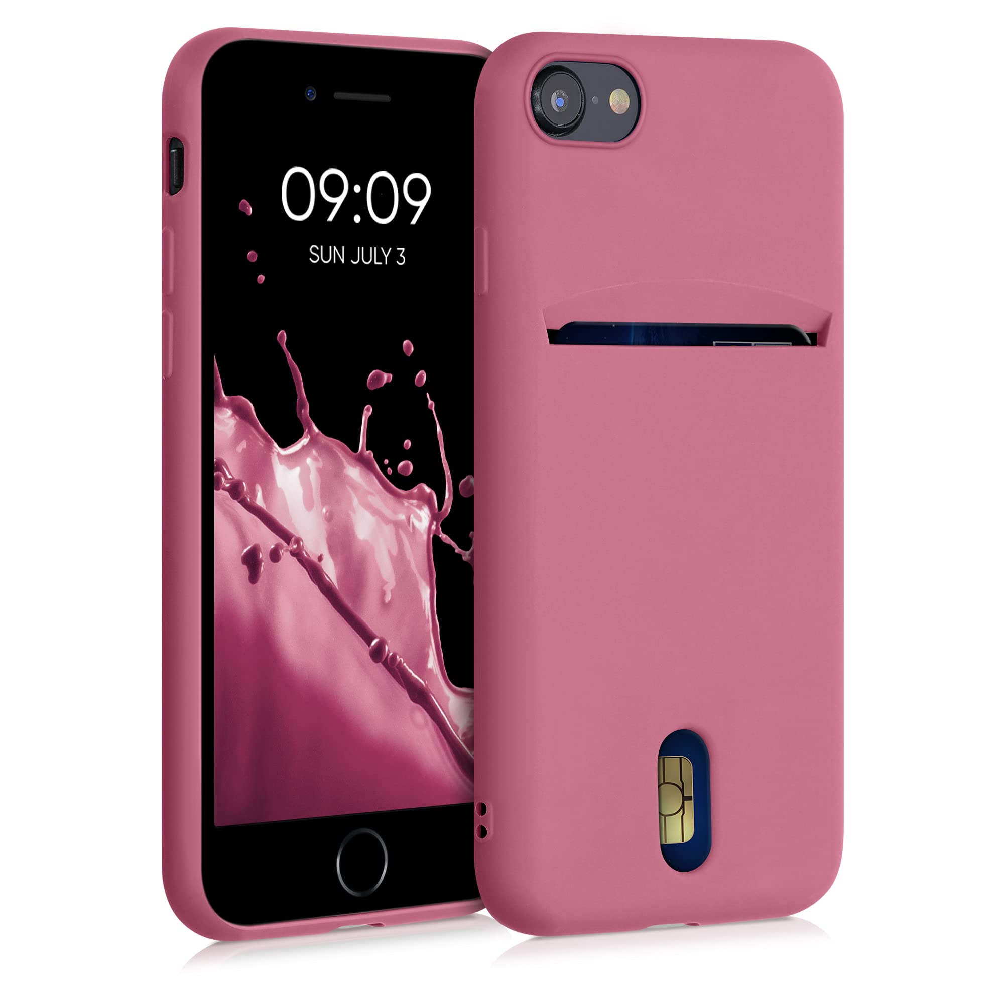 kwmobile Case Compatible with Apple iPhone SE (2022) / iPhone SE (2020) / iPhone 8 / iPhone 7 - Soft TPU Phone Cover with Card Holder and Silicone Finish - Dark Rose