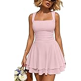 Trendy Queen Women's Square Neck Summer Party Flowy Ruffle Hem Ruched Waist Mini Dress