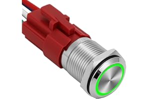 YMJSAN 16mm Latching Push Button Switch 12V DC On Off Stainless Steel Shell Self-Locking with LED Angel Eye Head for 0.63" Mounting Hole with Wire Socket Plug(Silver Shell Green LED)