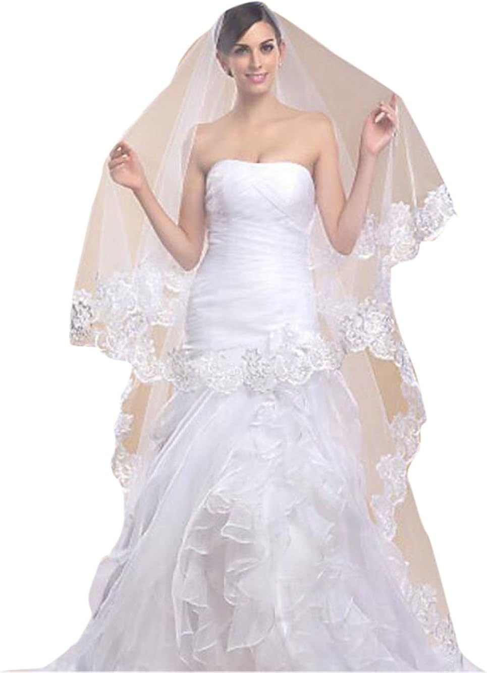 Missgrace Wedding Veil One Tier Cathedral Veils Lace Applique Edge