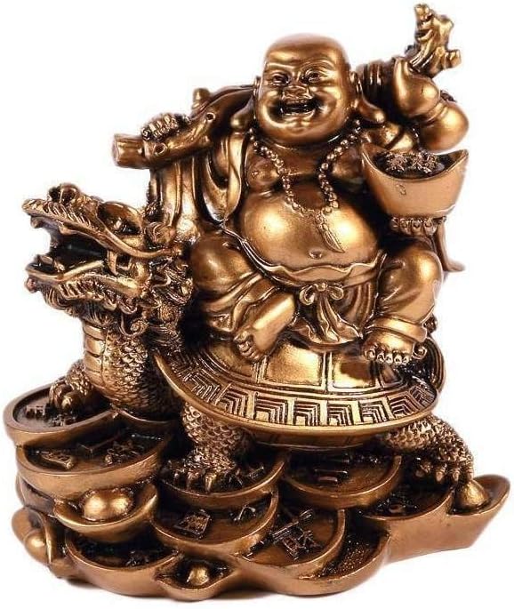 Laughing Buddha on Dragon Tortoise, Gold, 12x10x12cm