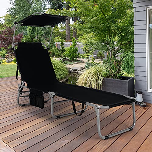 GYMAX Folding Chaise Longue, Adjustable Beach Chair with Canopy Sun