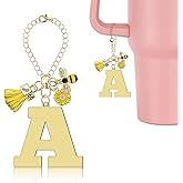 Lukiisoo Bee Sunflower Monogram Initial Charms for Stanley Cup Accessories, Cute Tassel Letter Keychain for Handle Charm