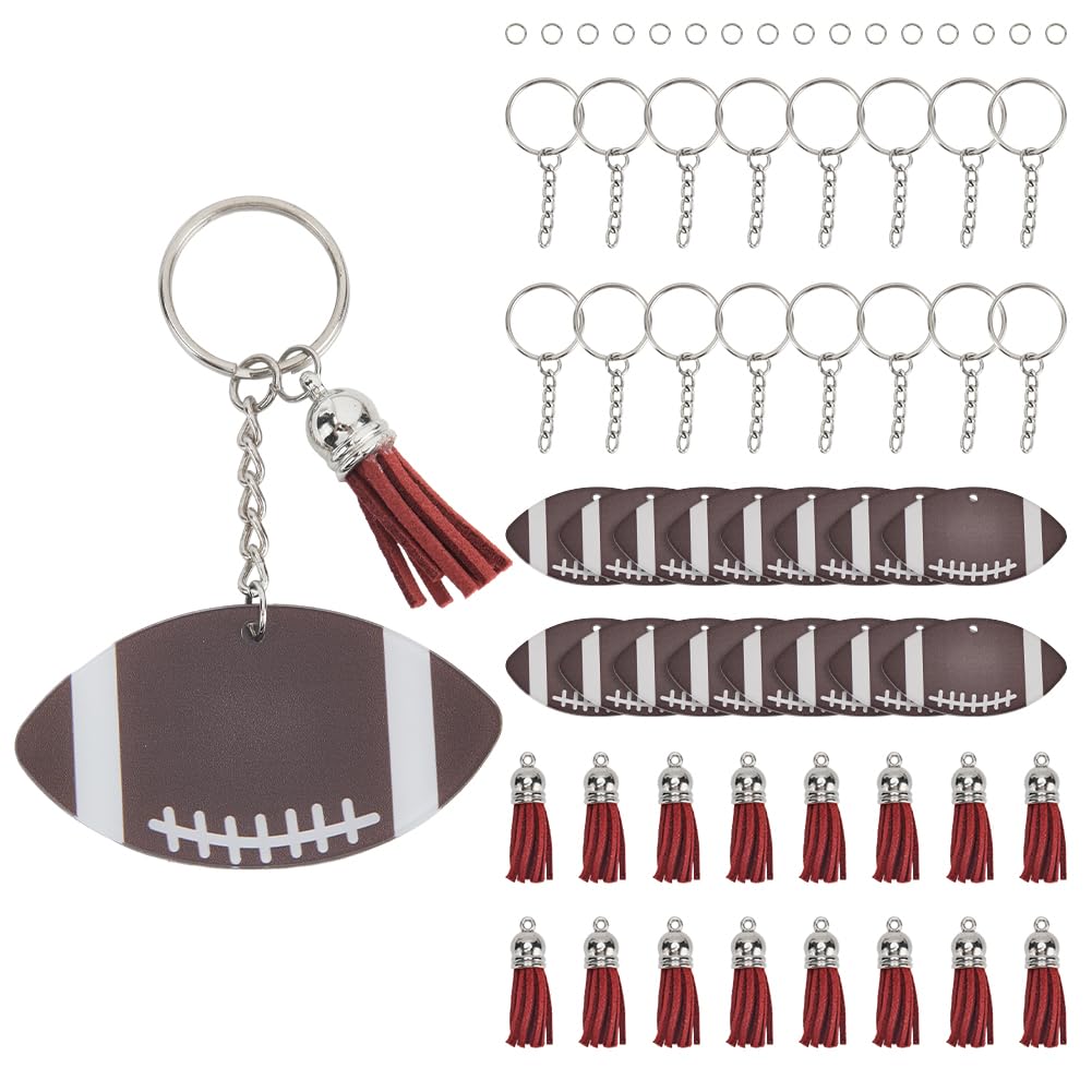 SOFPLATE 1 Box 64pcs DIY Football Keychain Sports Keychain Craft Acrylic Football Rugby Ball Keychain Making Kits with Tassel And Rings for Jewellery Keychain Making Sports Favors School Party Gifts