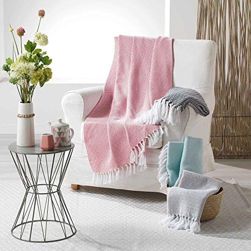 L3C Merina Woven Cotton Geometric Blanket Throw with Tassels - Coral Pink (49" x 59" (125 x 150 cm))