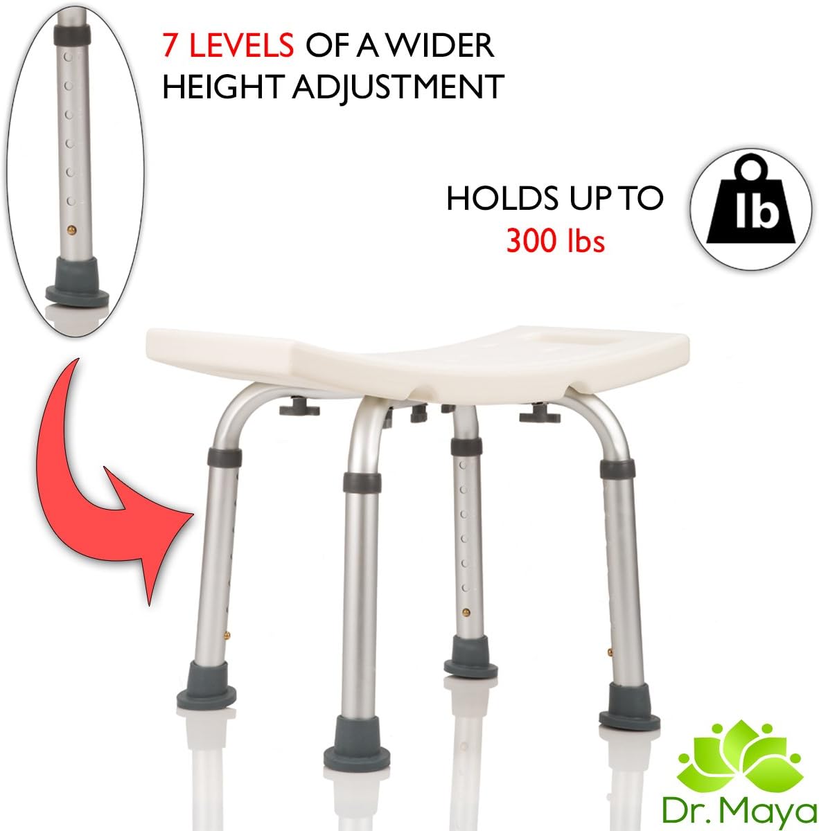 DR. MAYA Adjustable Bath and Shower Chair with Free Suction Assist Shower Handle Large White Anti-Slip Bench Bathtub Stool Seat with Aluminum Legs (Shower Chair): Health & Personal Care