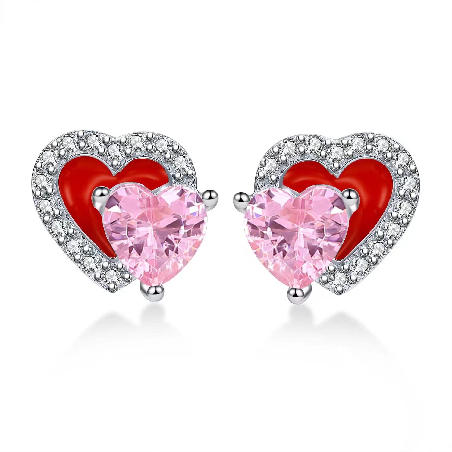 Qings October Birthstone Opal Ear Studs Sterling Silver Double Heart Red Enamel Tourmaline Cobblestone Pink CZ Dainty Love Birthdays Gifts for Girlfriend Daughter