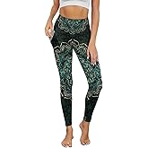 Dserfgiu Mandala Yoga Leggings with Pockets, Green Lotus Women Yoga Pants Tummy Control Elastic Moisture Wicking Activewear for Jogger Dance
