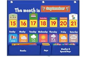 AUVCAS VNOM Weekly Calendar with Weather Pocket Chart Elementary for Classroom Home,98 Bright Cards Included,Learning Pocket Chart Calendar for Kids Toddlers