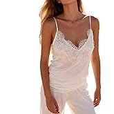 Lace Trim Satin Cami Tops for Women Solid Color V Neck Camisole Going Out Spaghetti Straps Sleeveless Tank Top
