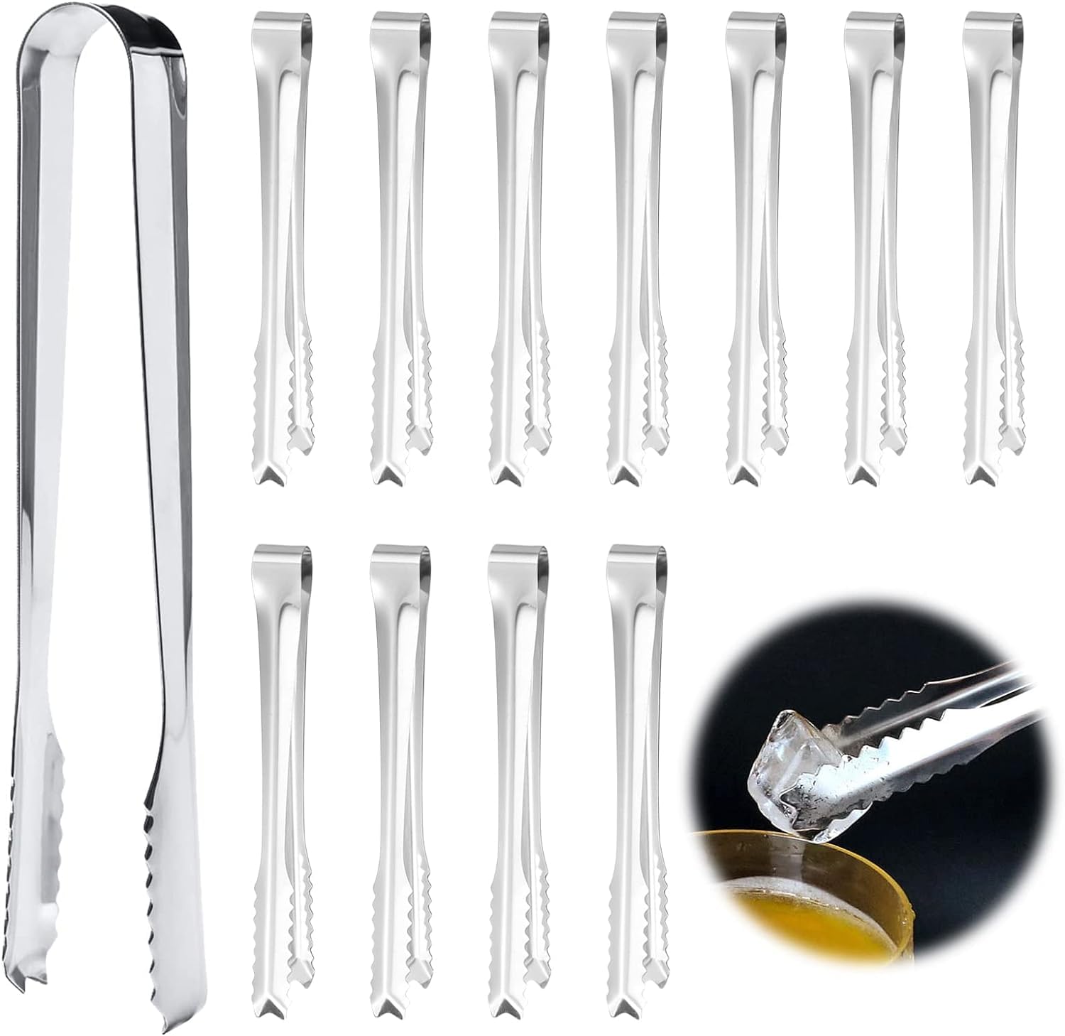 PIQIUQIU Stainless Steel Ice Tongs, Pack of 12, Silver, 15.5 cm x 1.7 cm