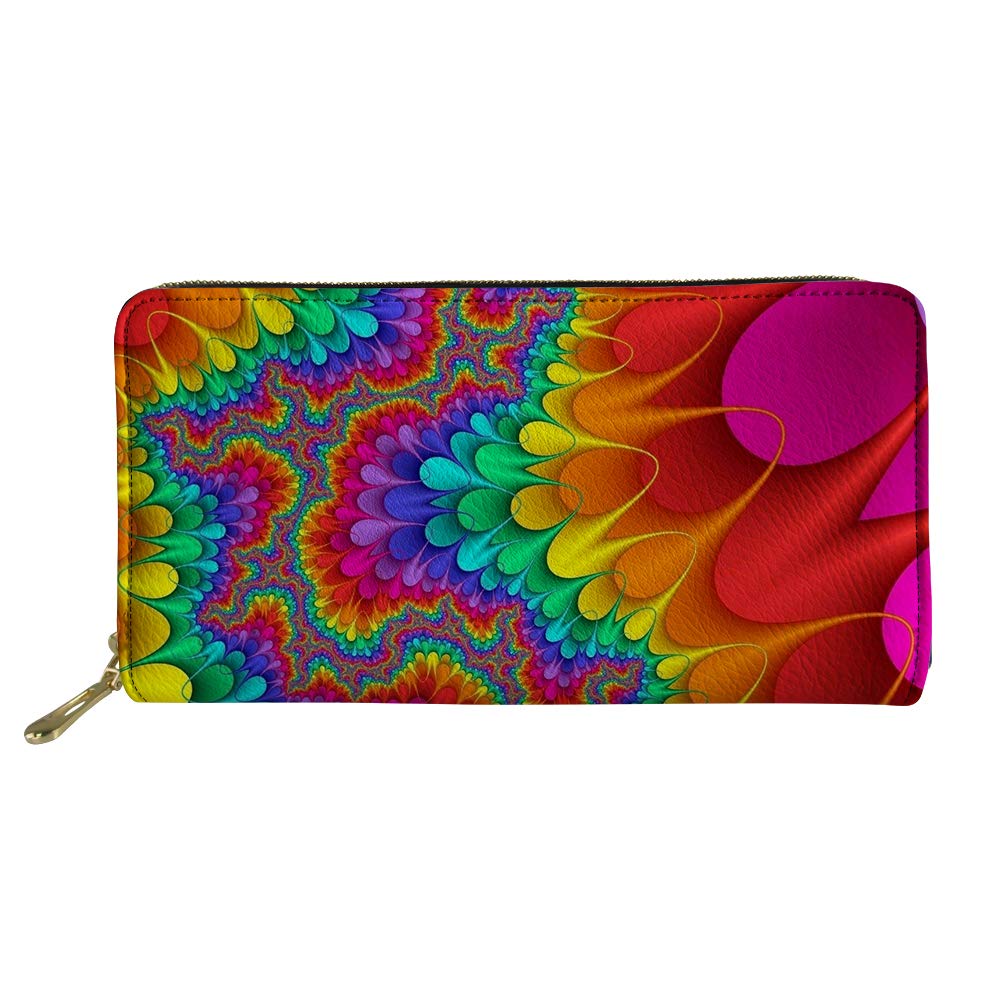 Coloranimal Women Girls Elegant Long Leather Wallet Zipper Closure Handbag Clutch Purse Colorful Abstract Design Credit Cards Cash Change Organizer