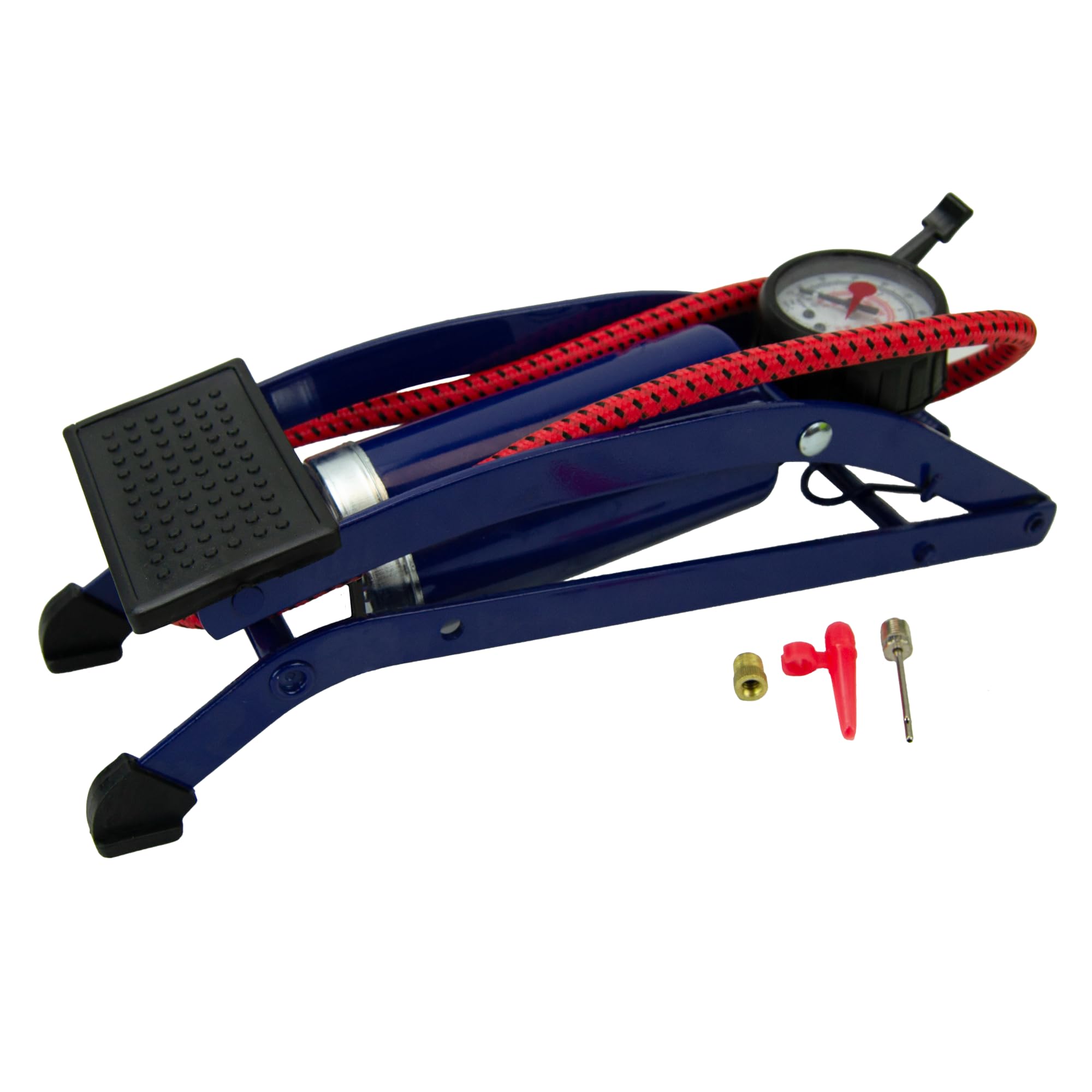 Sakura Single Cylinder Foot Pump PG270 – 52cm Hose, Thumb Lock Connector, Pressure Gauge, 3 Valve Adaptors