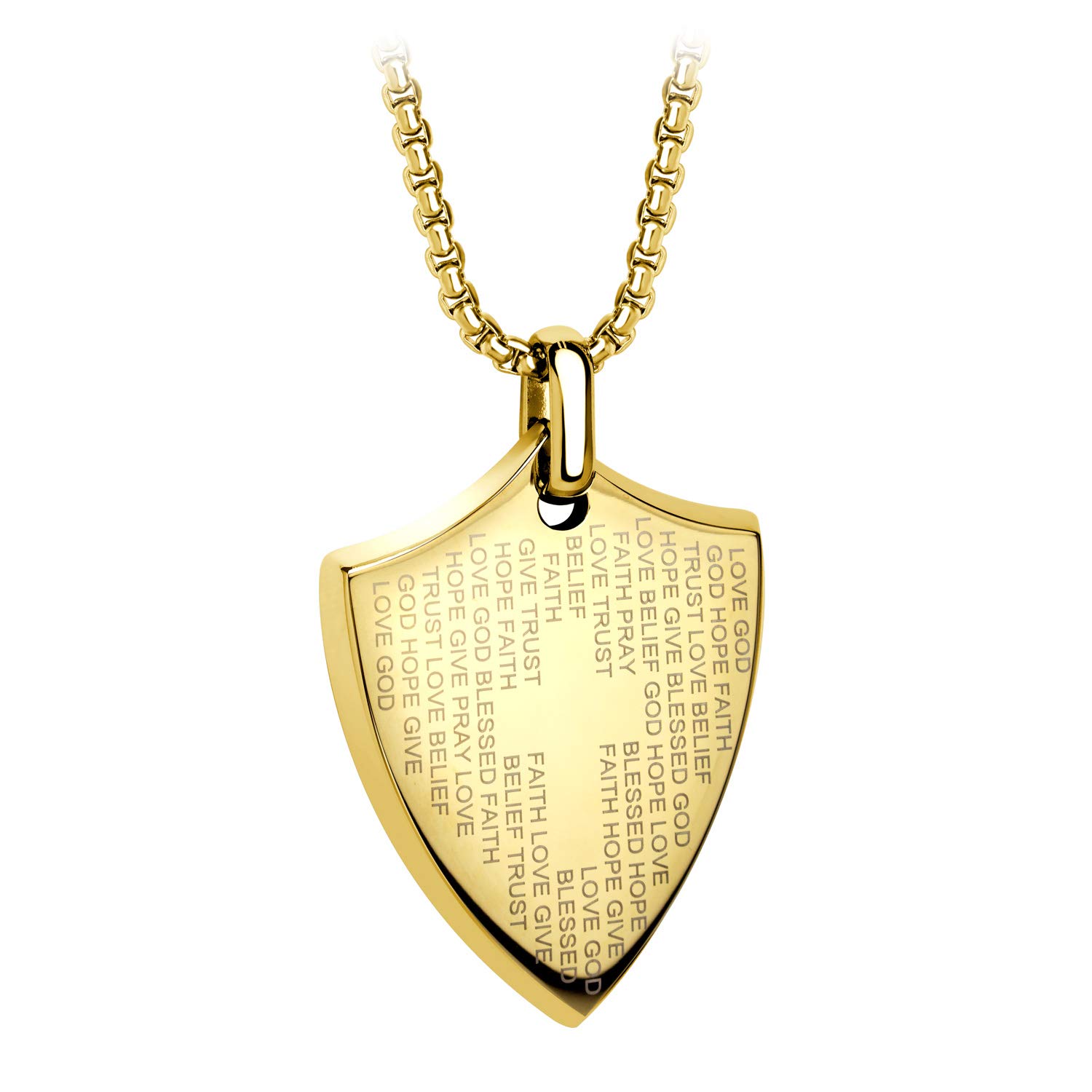 555Jewelry Stainless Steel Shield Cross Necklace for Men, Bible Verse Inspired Evngraving Polished Religious Crucifix Cross Pendant for Men & Boys, Gold, 20 Inches Box Chain