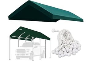 FORALEBEN Carport Replacement Canopy Cover for Car Tent Top Garage Shelter Cover Tarp with Ball Bungees (Only Top Cover, Frame Not Include) (Green, 10’ x 20‘)