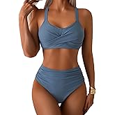 Fanuerg Women's High Waisted Bikini Sets Tummy Control Two Piece Swimsuits Crisscross Tie Back Bathing Suit