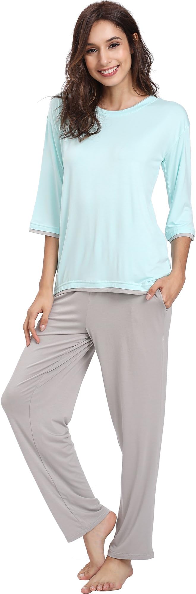 GYS Women's Crew Neck Sleepwear 3/4 Sleeve Pajama Pants Set