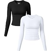 OQQ Womens 2 Piece Shirts Long Sleeve Crew Neck Ruched Stretch Basic Fitted Tee Shirts Tops