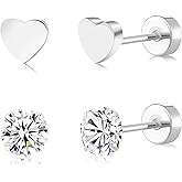 FACOKO 2 Pairs Flat Back Earrings Women, Titanium Star and Moon Earrings, Heart & CZ Flatback Stud, Butterfly & Lightning Screw Back, Crosses and Triangles Stud, Gold/Pink/Silver/Black Options