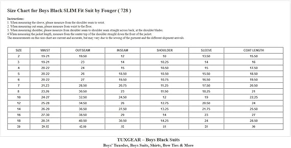 slim fit suit size chart