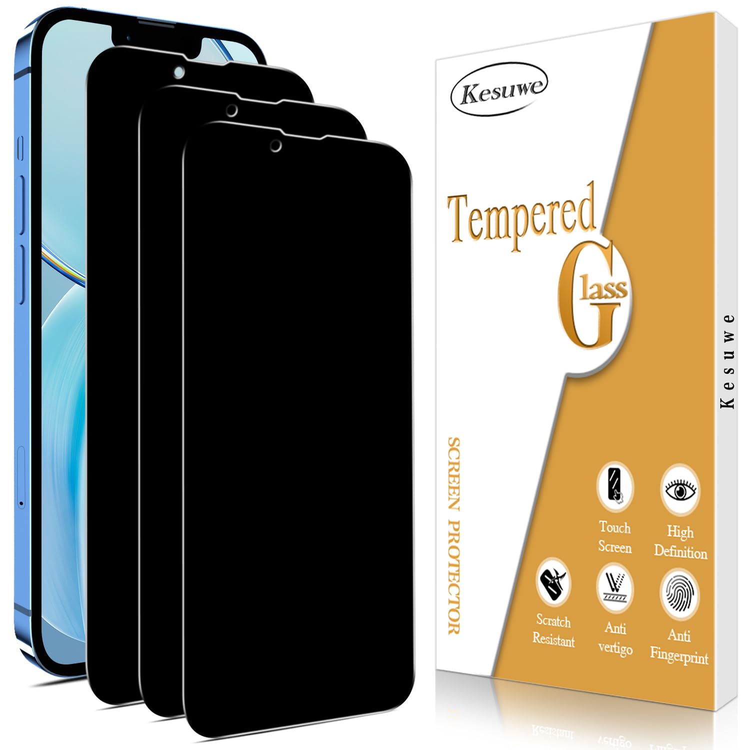 Kesuwe [3 Pack Privacy Screen Protector for iPhone 13 Pro Max/14 Plus, Anti Spy, Anti Scratch, HD Clear, Case Friendly, Easy Installation, Bubble Free